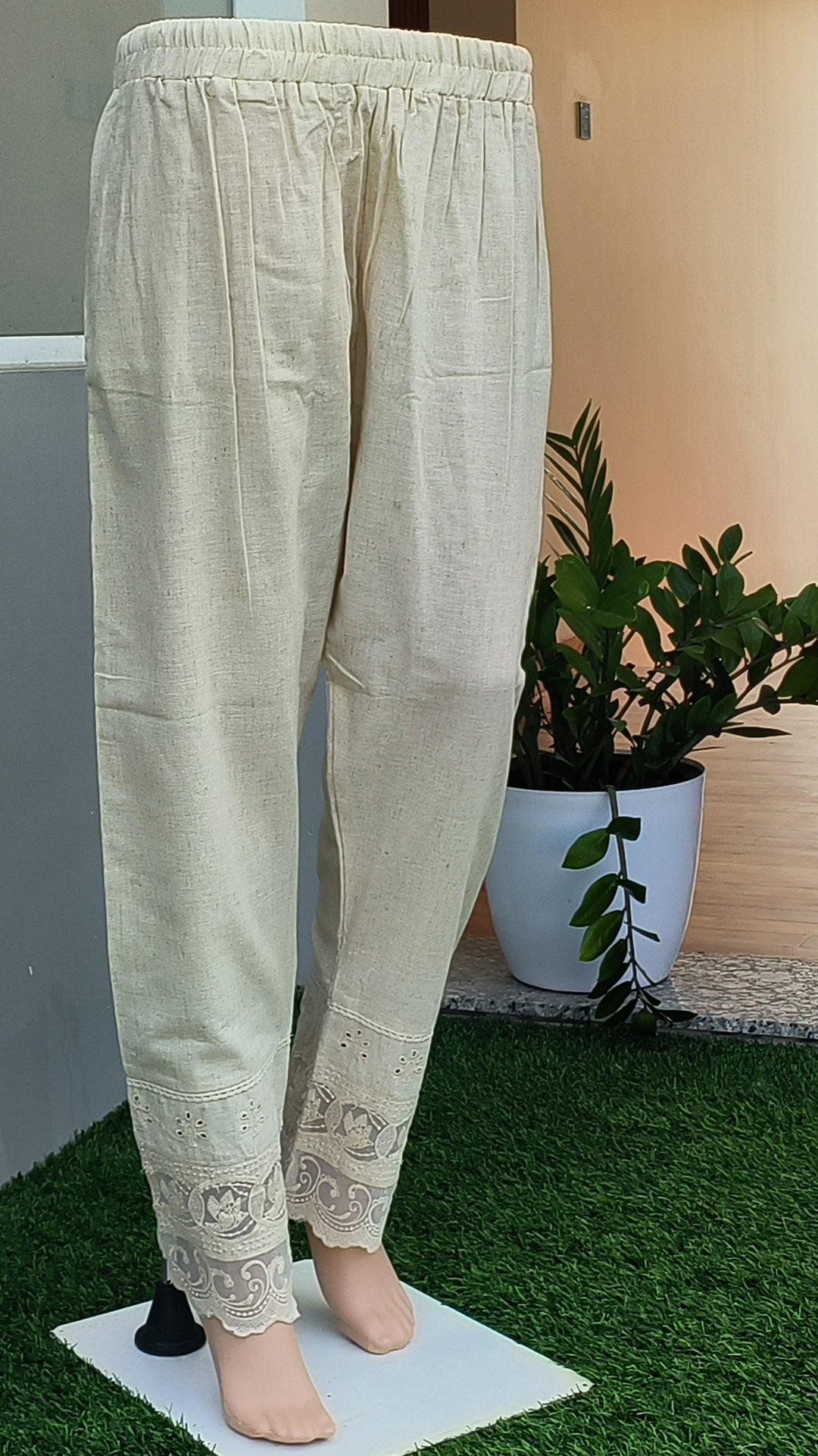 Women's Beige Khadi Cotton Bottom with Lace Detailing
