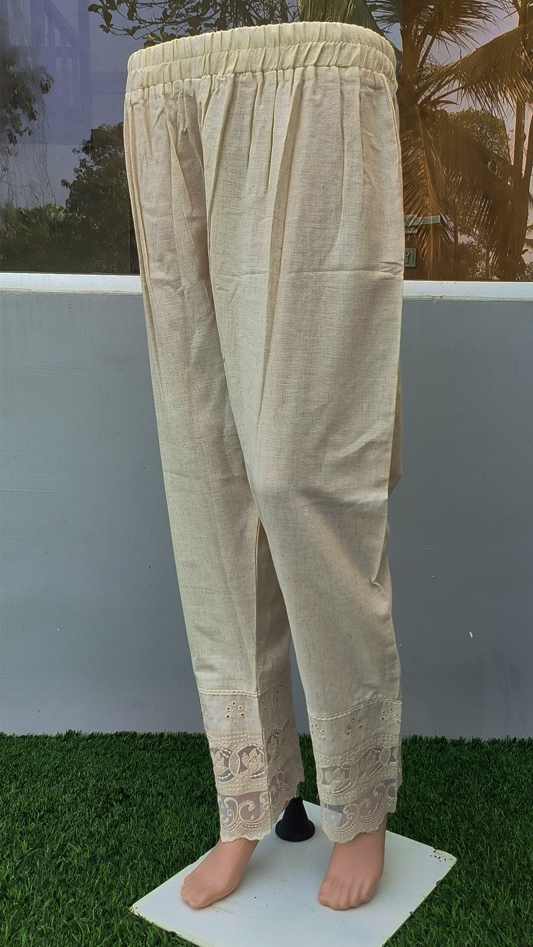 Women's Beige Khadi Cotton Bottom with Lace Detailing