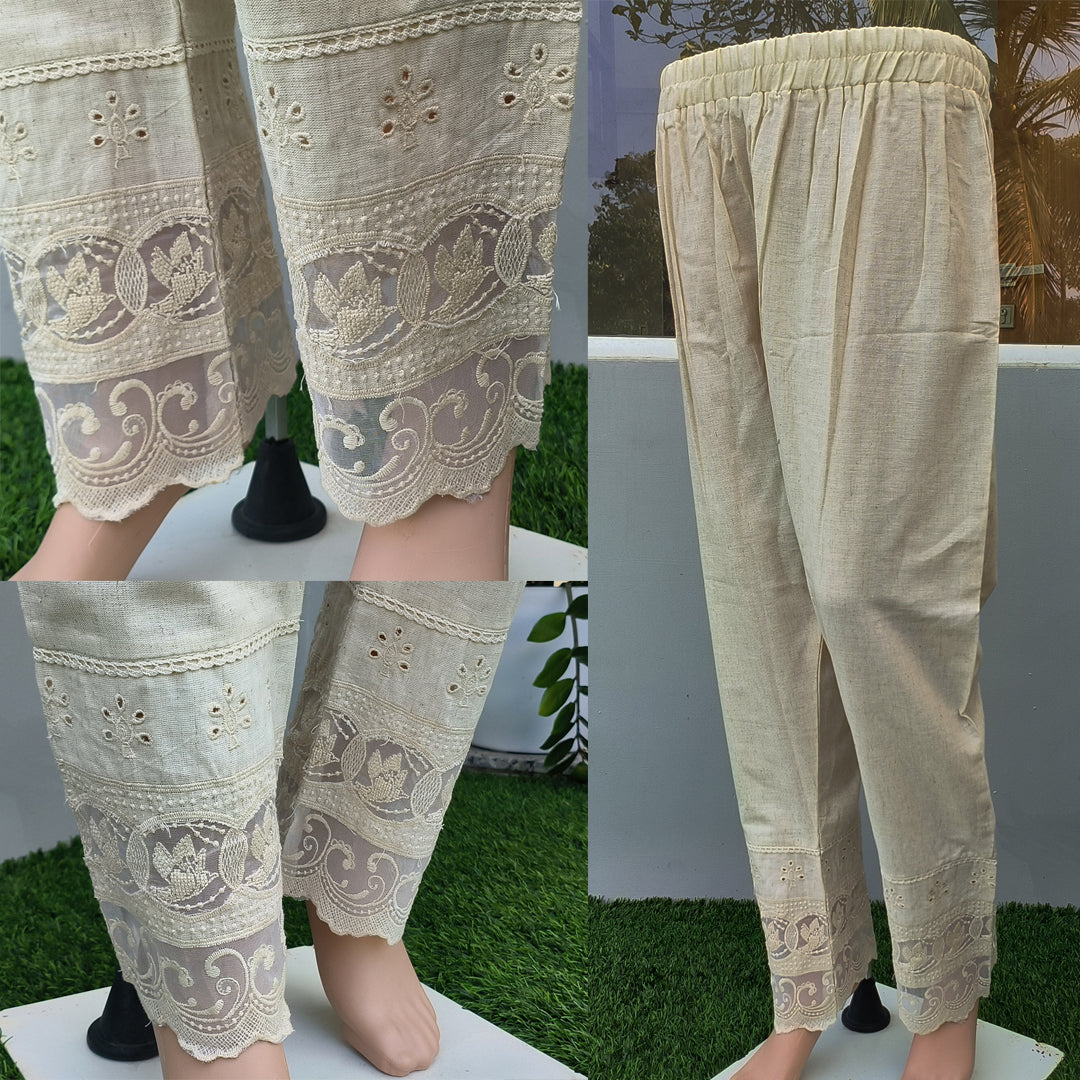 Women's Beige Khadi Cotton Bottom with Lace Detailing