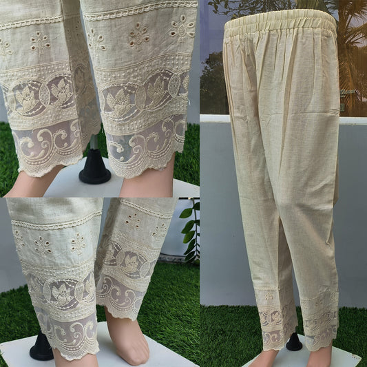 Women's Beige Khadi Cotton Bottom with Lace Detailing