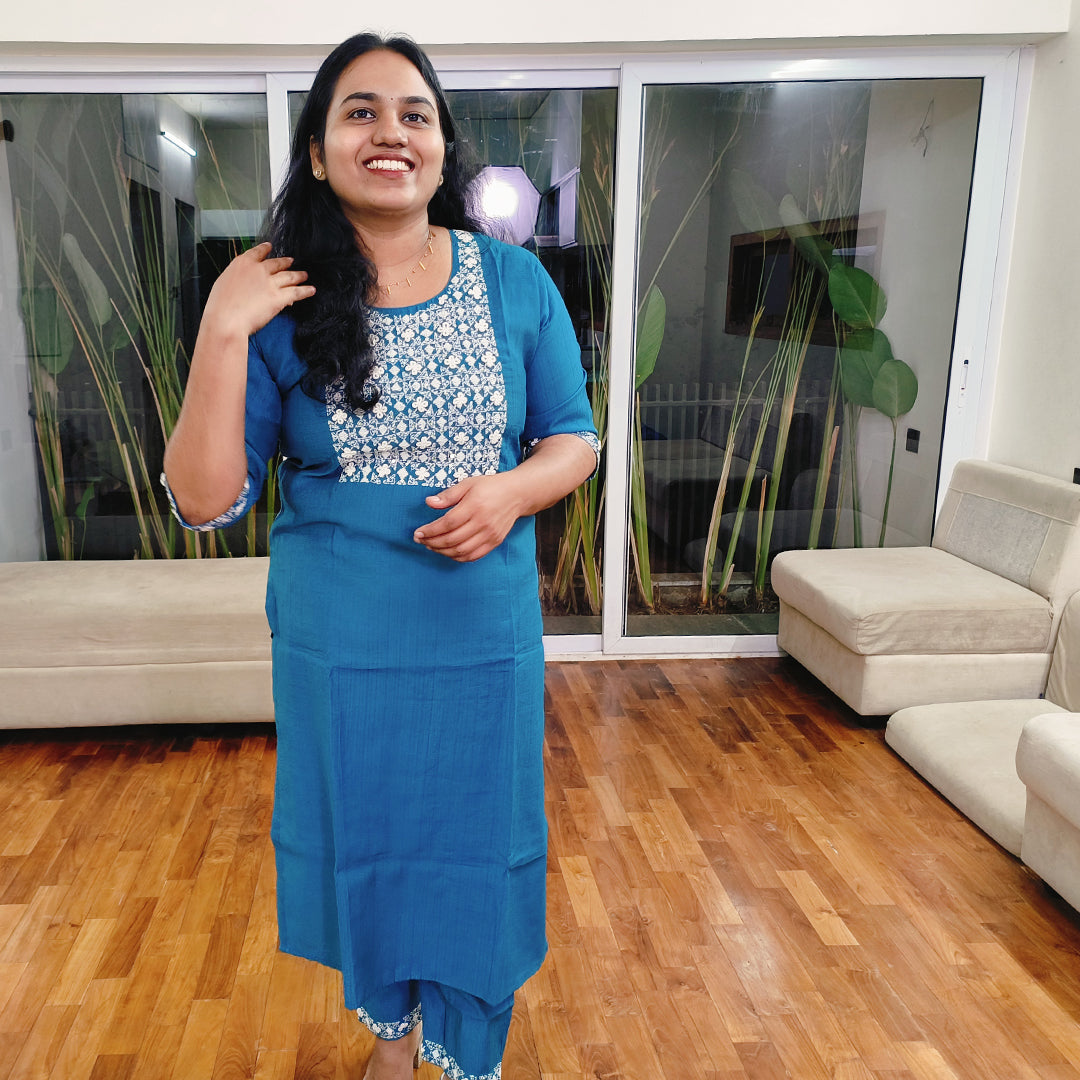 Semi-Silk Kurti with Hand-Embroidered