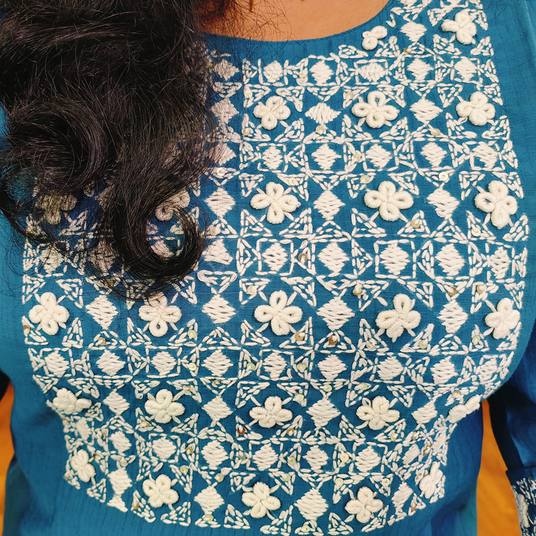 Semi-Silk Kurti with Hand-Embroidered