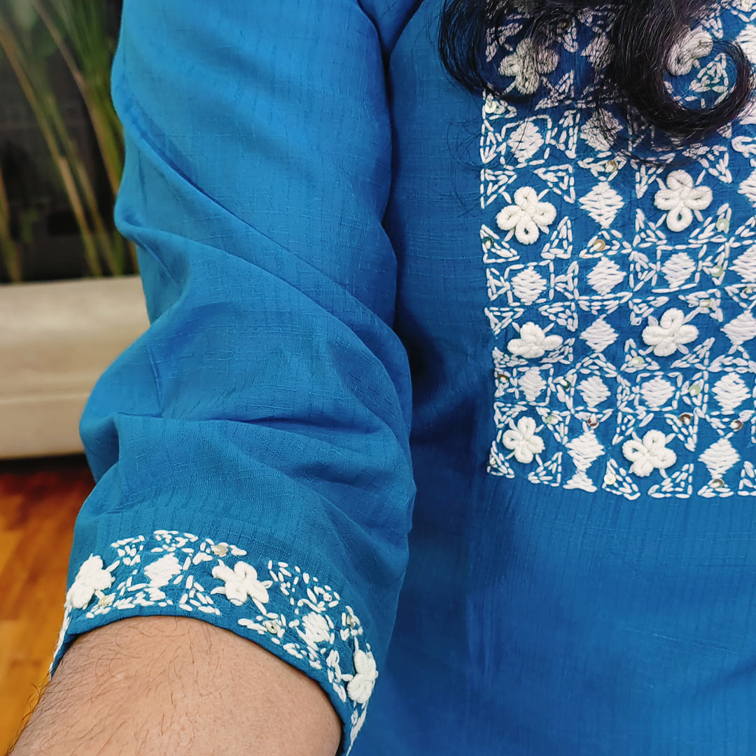 Semi-Silk Kurti with Hand-Embroidered