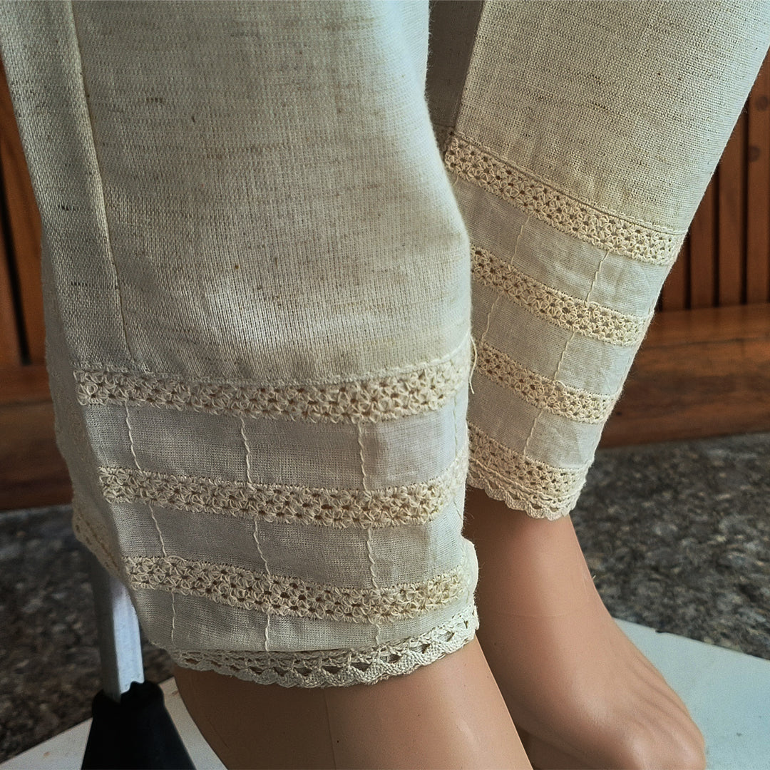 Women's Beige Khadi Cotton Bottom with Lace Detailing