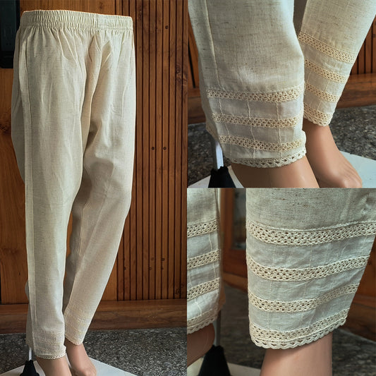 Women's Beige Khadi Cotton Bottom with Lace Detailing