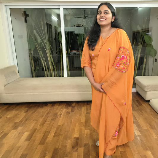 Elegant Orange Russian Silk Kurta Set with Embroidered Details