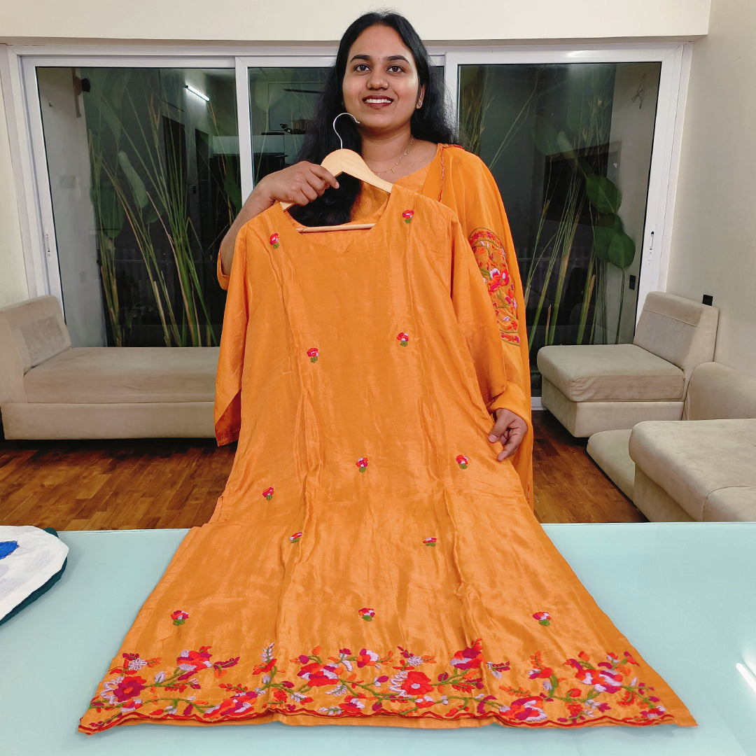 Elegant Orange Russian Silk Kurta Set with Embroidered Details