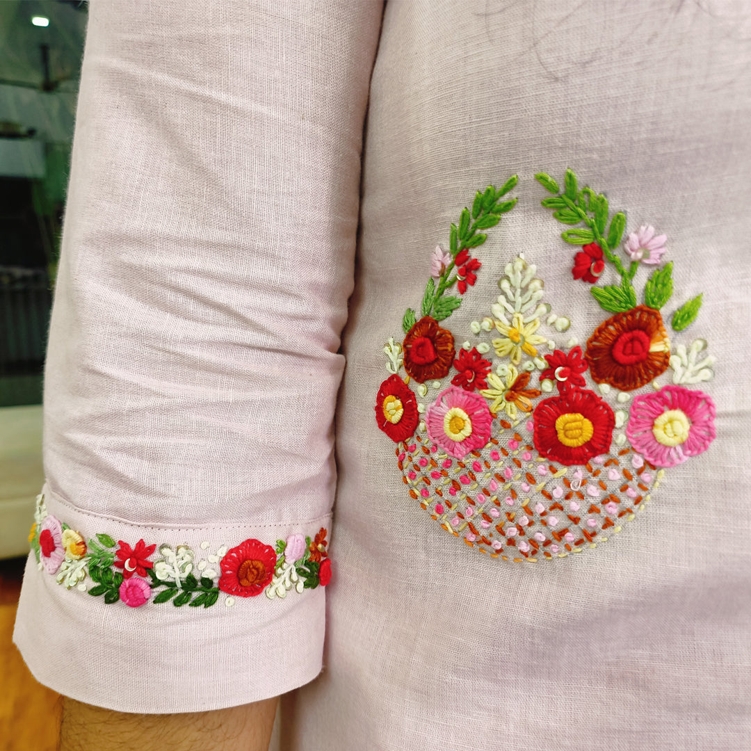 Cotton Kurti with Hand-Embroidered Baby Pink