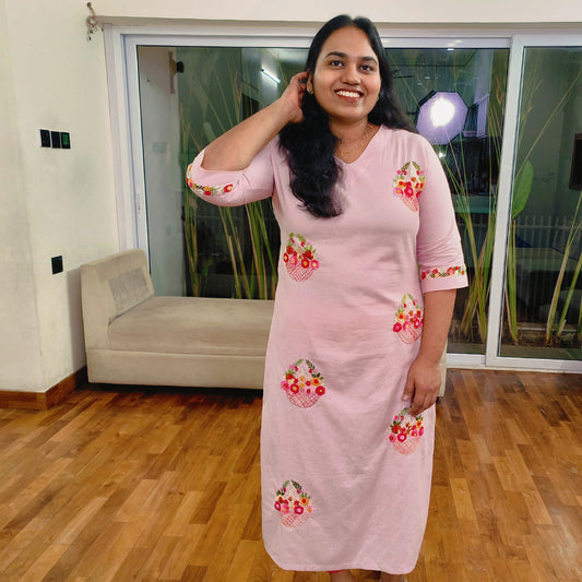 Cotton Kurti with Hand-Embroidered Baby Pink