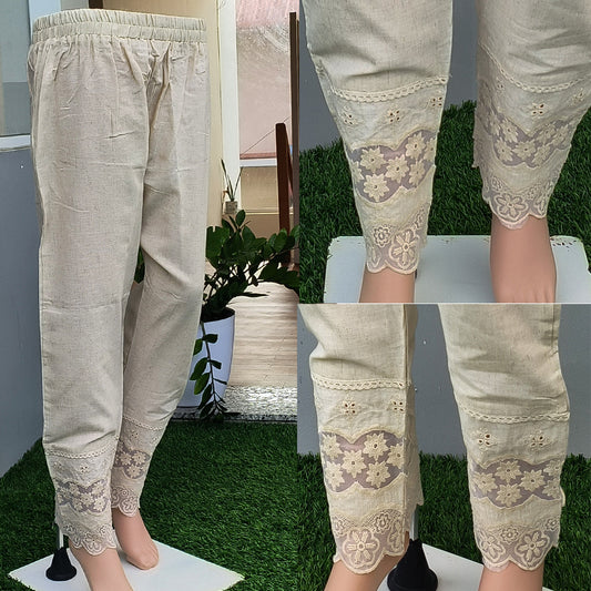 Women's Beige Khadi Cotton Bottom with Lace Detailing
