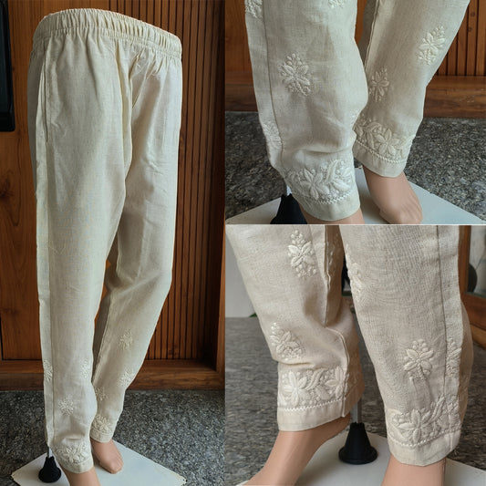 Women's Machine Chikan Cotton Trousers Beige