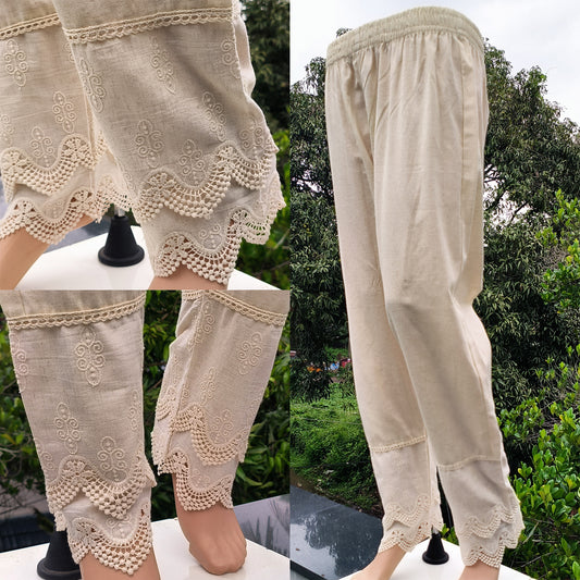 Women's Cotton Trousers with Lace work Beige